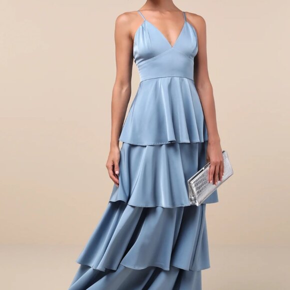 Lulus Going with Slate Blue Satin Tiered Gown - Picture 1 of 6